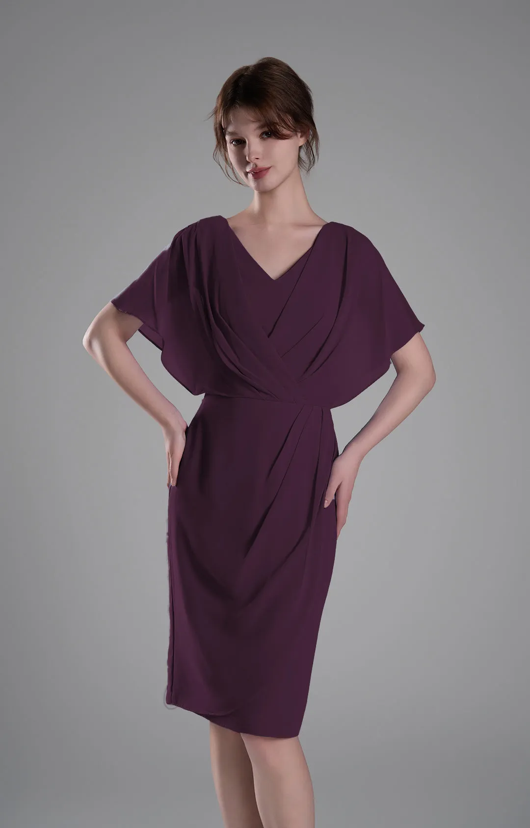 V-neck Pleated Cape Knee-length Dresses