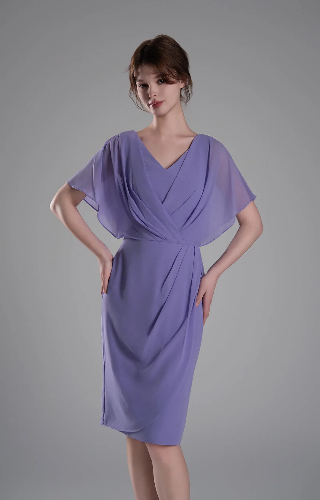 V-neck Pleated Cape Knee-length Dresses