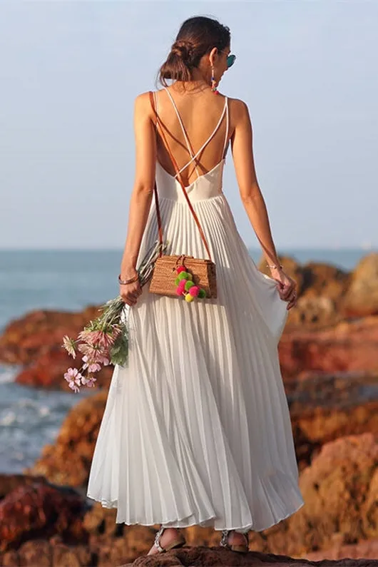 White Pleated Chiffon Long Maxi Dress