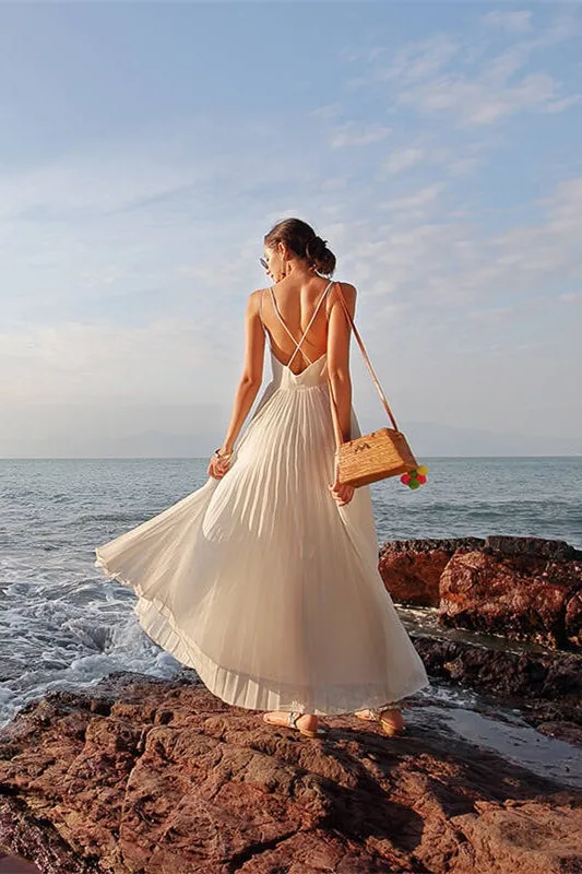 White Pleated Chiffon Long Maxi Dress