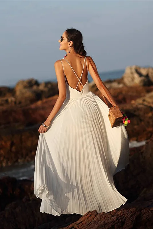 White Pleated Chiffon Long Maxi Dress